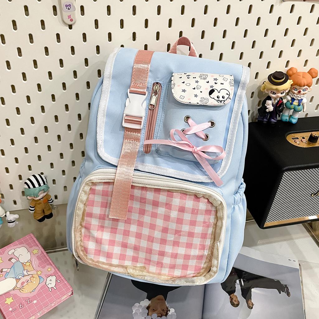 Designed Backpack Minimally With Grid Print And Bow Decoration For Daily