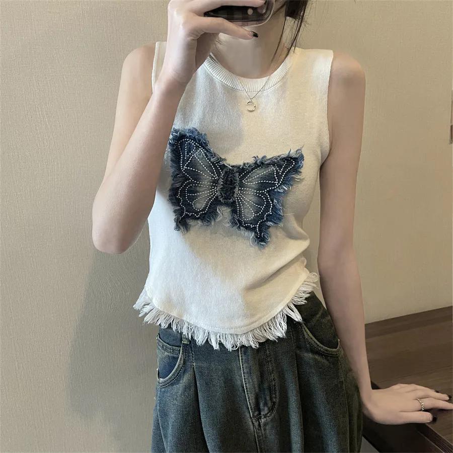 WTEMPO American Retro Butterfly Knitted Vests Women's Spring Summer Tassel Short Slim Fit Large Size Sleevelesss Tops