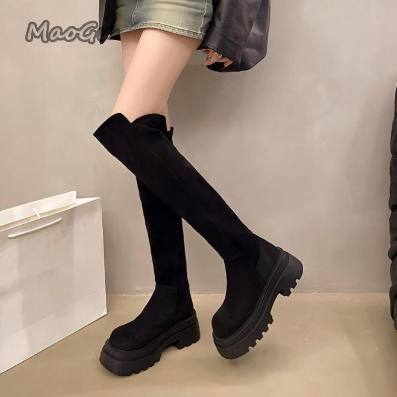 Suede Brown Women's Thigh High Boots Height Increasing Anti-slip High Heel Vintage Over-the-Knee Boots for Women Botas Mujer