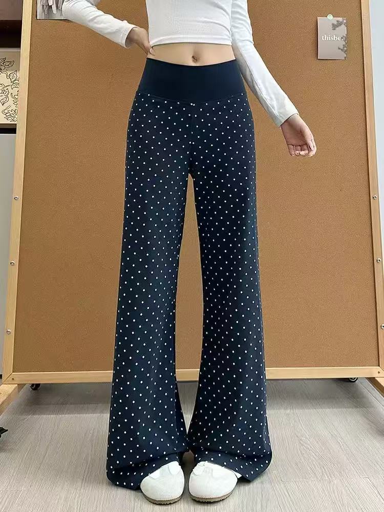 Foreign Navy Blue Polka Dot Micro-pull Pants High Waist and Thin Fashion Casual Wide-leg Pants Versatile Elastic Waist Polka Dot Wide Leg Trousers S