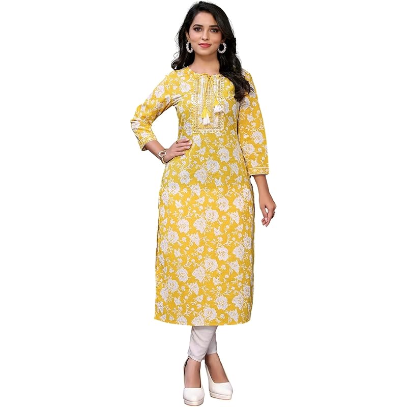 rangita Yellow Cotton Calf Length Embroidered Straight Kurti | Kurta for Women_L