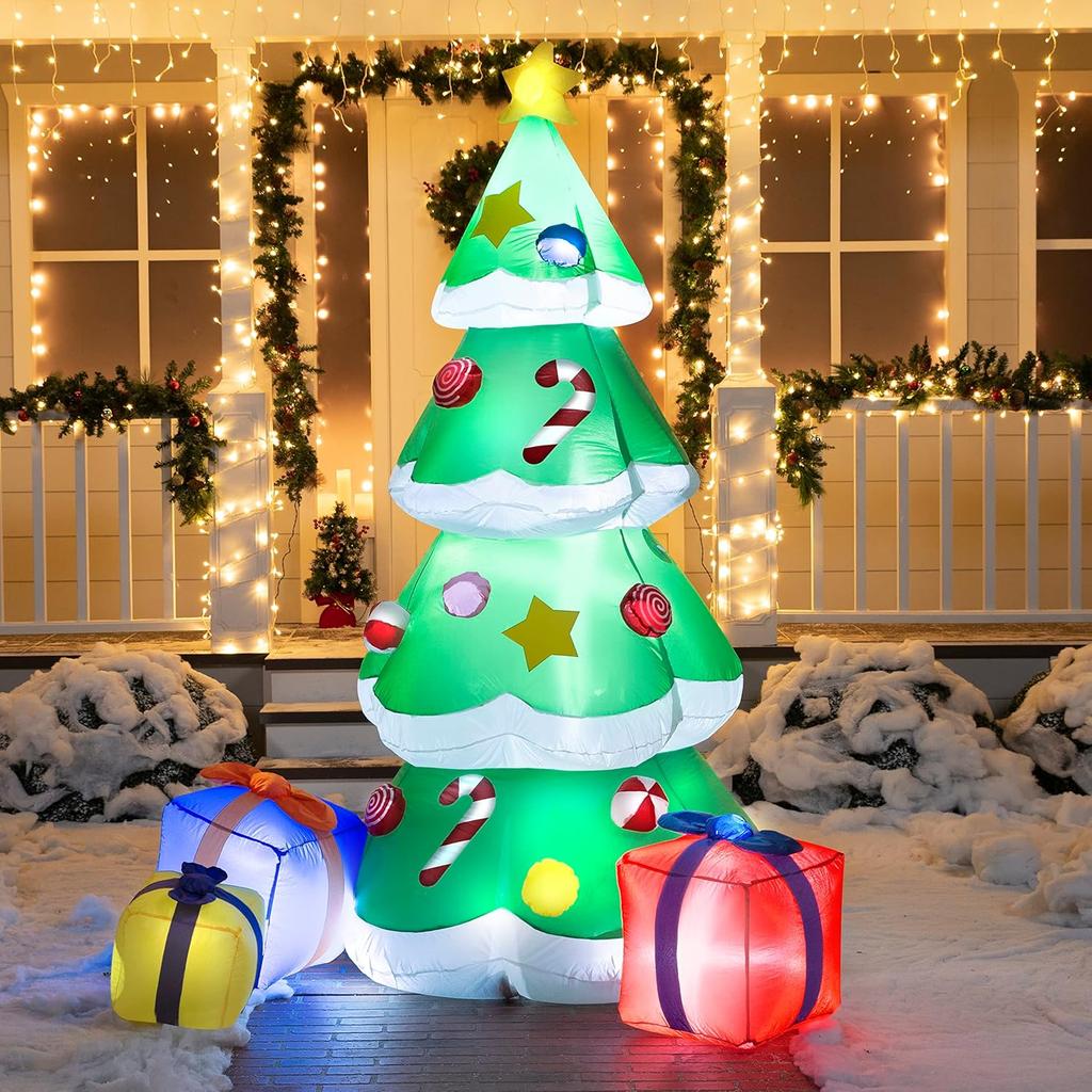 7 FT Xmas Tree Inflatables Outdoor Decoration Giant featuring 3 Present Boxes Build-in LEDs designed for Blow Up Xmas Decoration