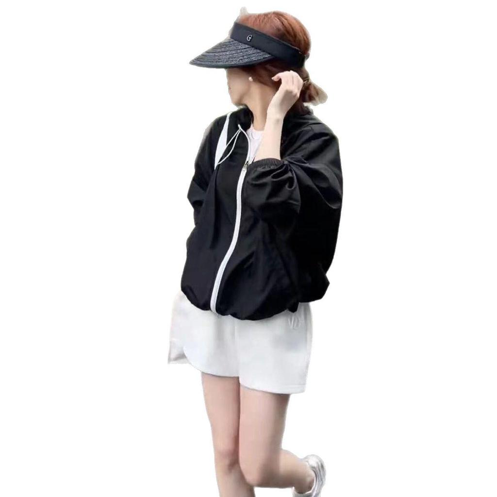 Summer 2025 Women's European Colorblock Zipper Hooded Sunscreen Jacket - Casual, Thin, Short Coat