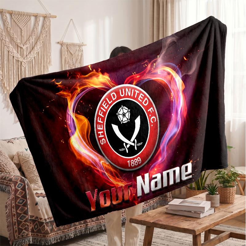 Sheffield United FC Personalized Fleece Blanket With Football Logo, Custom Name Text Soft Warm Home Throw Blanket