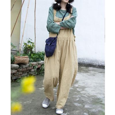 Women Vintage Cotton Linen Pants Solid Color Patchwork Clothes Summer Adjustable Waist Pants