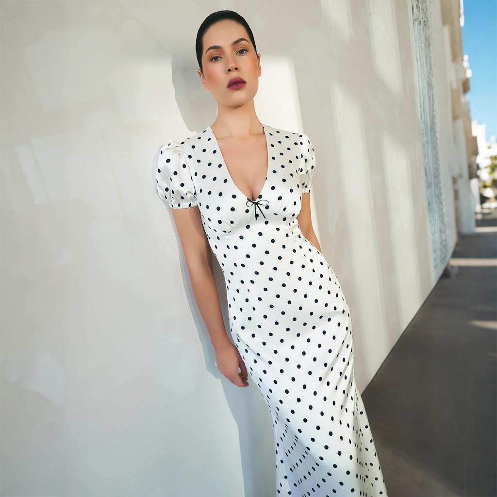 KDA European and American style summer new women's clothing bubble sleeve V-neck bow polka dot dress