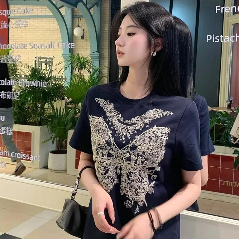 French High-end Butterfly Cartoon Print Short-sleeved T-shirt New Pure Cotton Loose Top