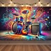 Retro rock and roll music decor with guitar, drums, neon musical notes for rock party, birthday, music festival, backdrop496