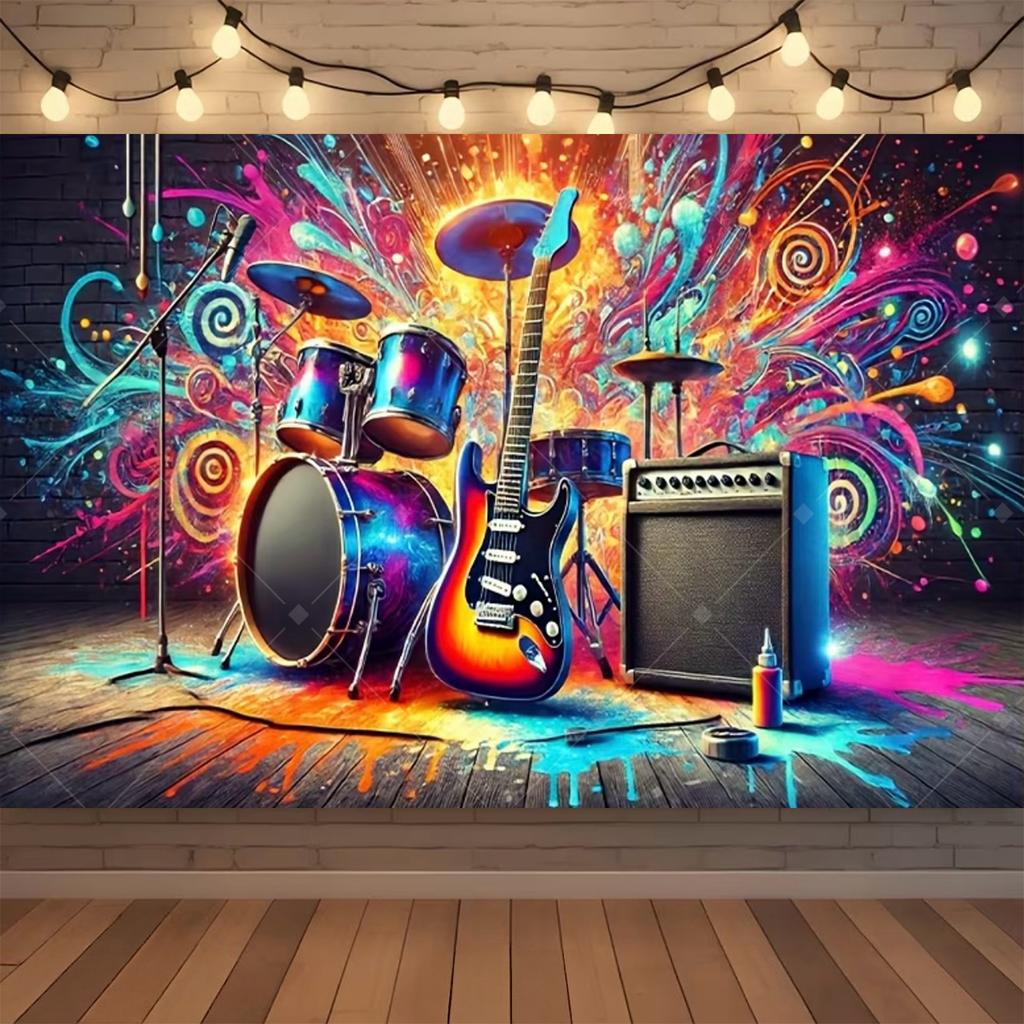 Retro rock and roll music decor with guitar, drums, neon musical notes for rock party, birthday, music festival, backdrop496