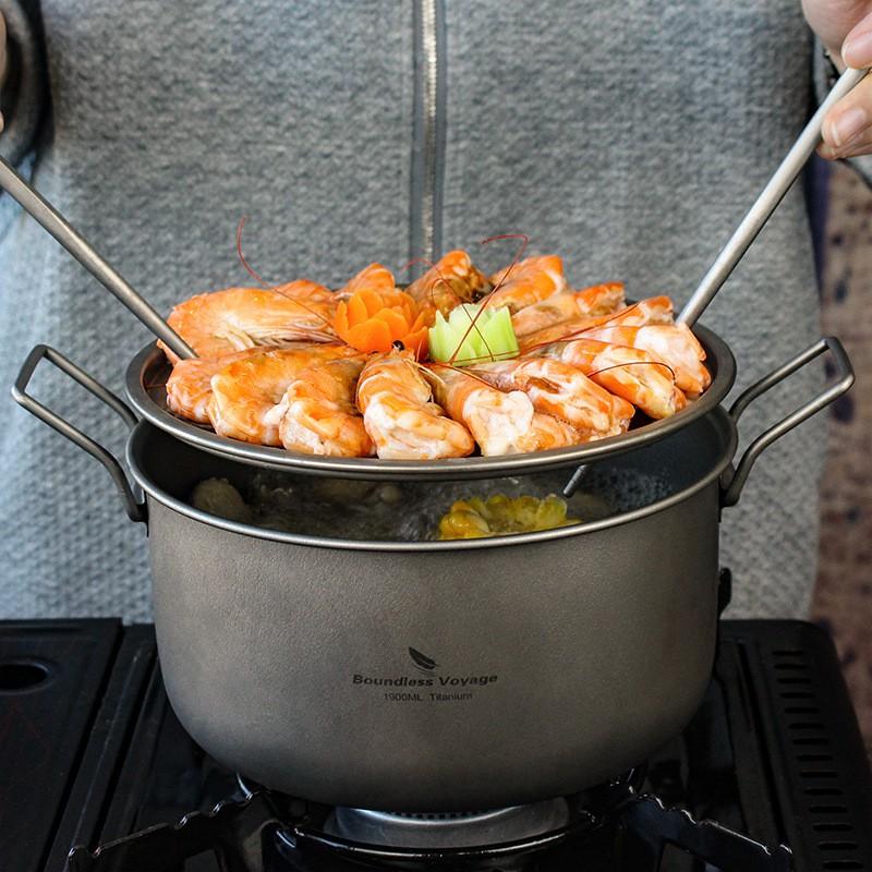 Titanium Camping Cookware Set Portable Outdoor Pot With Steamer Grid Fry Pan Soup Lightweight Hiking Backpacking