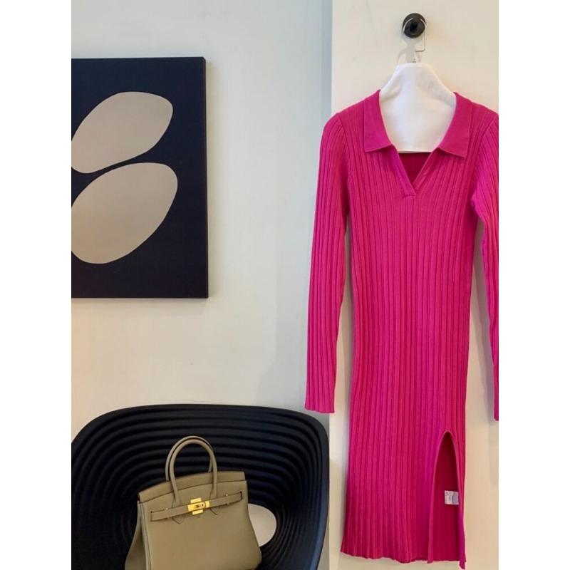 Temperament Sexy Rose Red V-Neck Slim-fit Knitted Dress Spring and Autumn New Skinny Muse Fan Dress