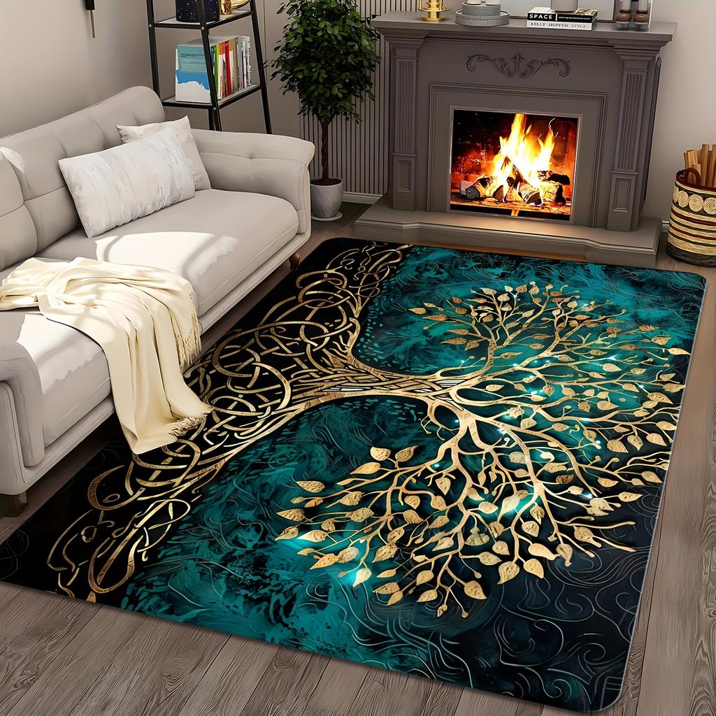 [Item] 1pc Golden Leaf Tree Carpet - Machine Washable - Area Rug for Living Room Coffee Table, Bedroom, Entry Door Mat