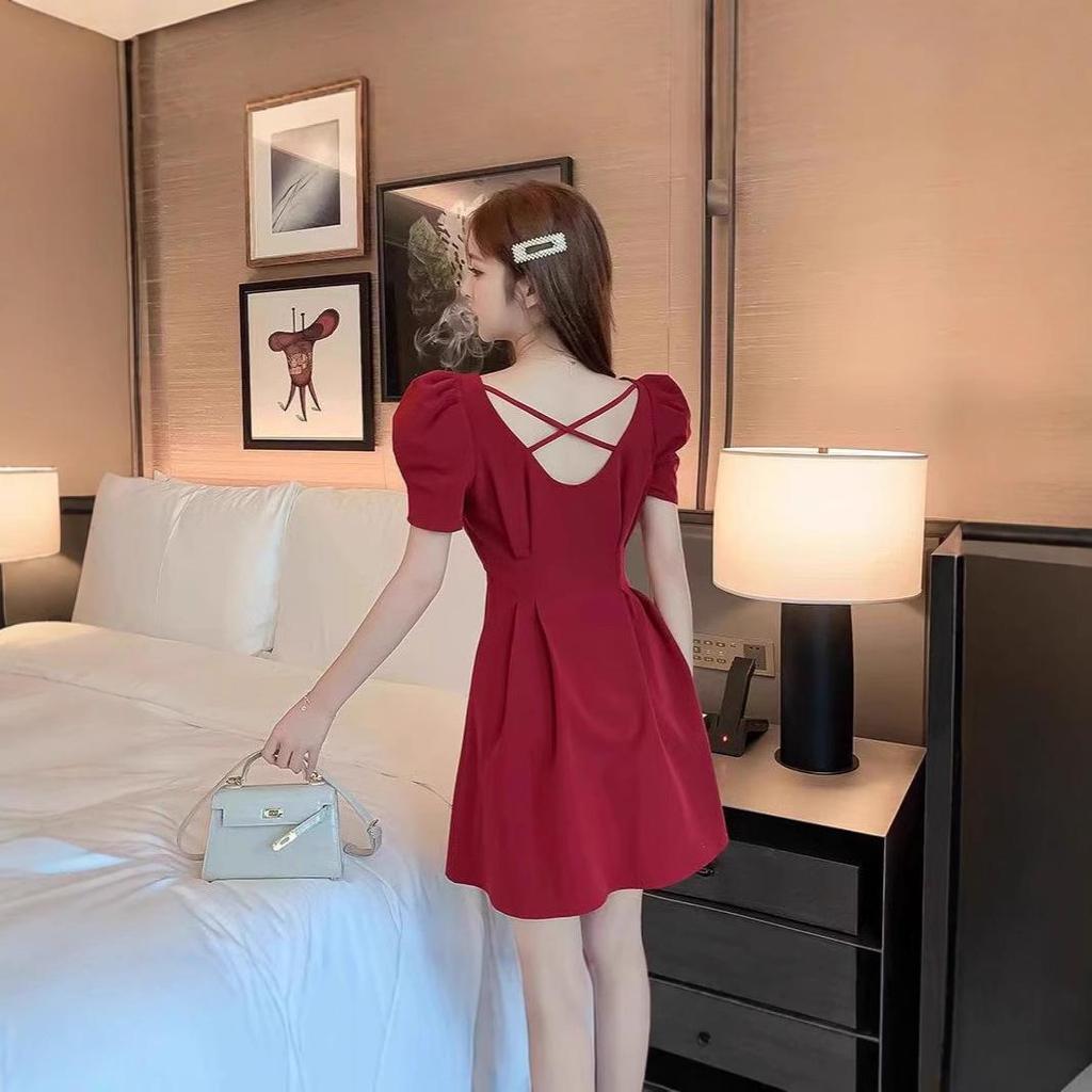 French Red Backless Puff Sleeve Dress with Square Neck and Waist-Hugging Design for Women 2025