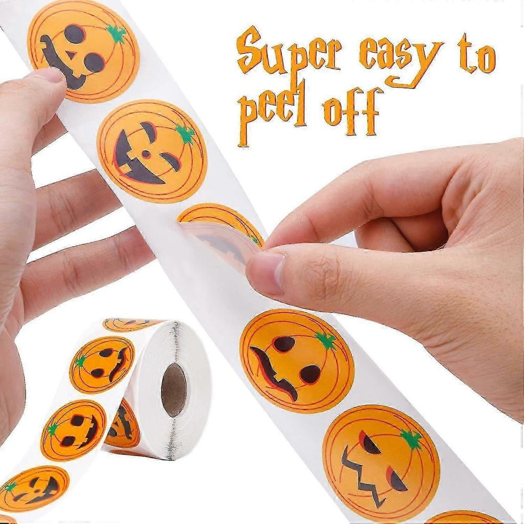 Roll Of 500 Pieces, Halloween Pumpkin Stickers Cute Sticky Round Face Stickers For Halloweenz