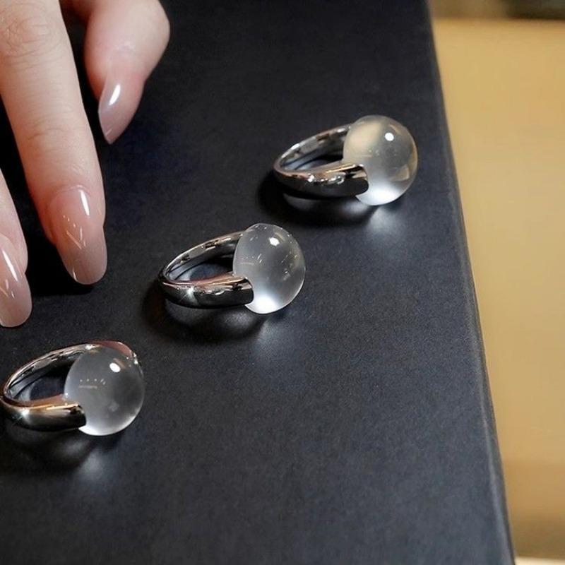 Natural Ice Chalcedony Rings For Women Genre Style Glossy Translucent Light Luxury Round Bead Ring Minimalist  Jewelry