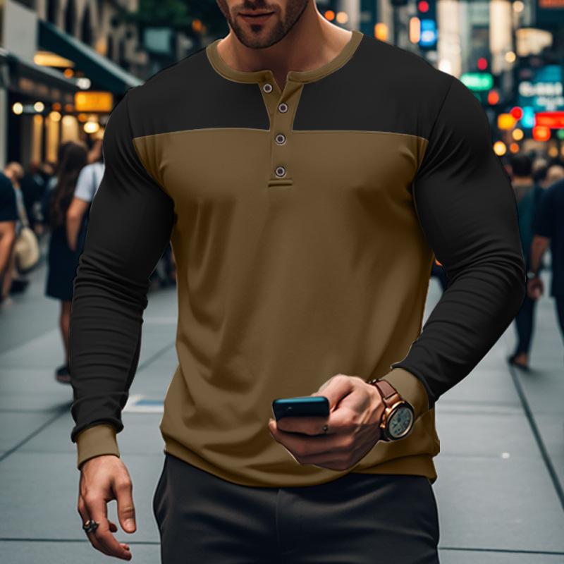 Vintage Patchwork Mens Crew Neck T Shirts Autumn Long Sleeve Contrast Color Buttoned Tops for Men Casual Slim Pullover Male Tees