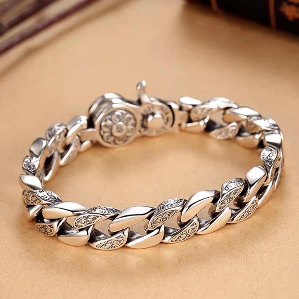 Men's Silver-Plated Rotatable Bracelet: Six-Character Mantra, Trendy Wide Design, Retro Domineering Style