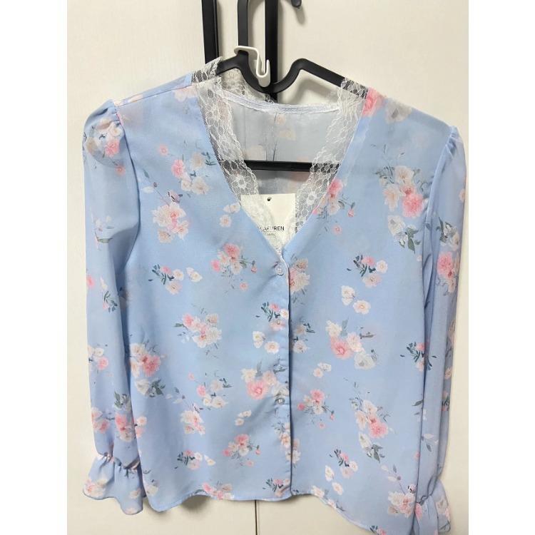 Women French Style Blue Floral Long Sleeve Chiffon Blouse Spring Beautiful Top