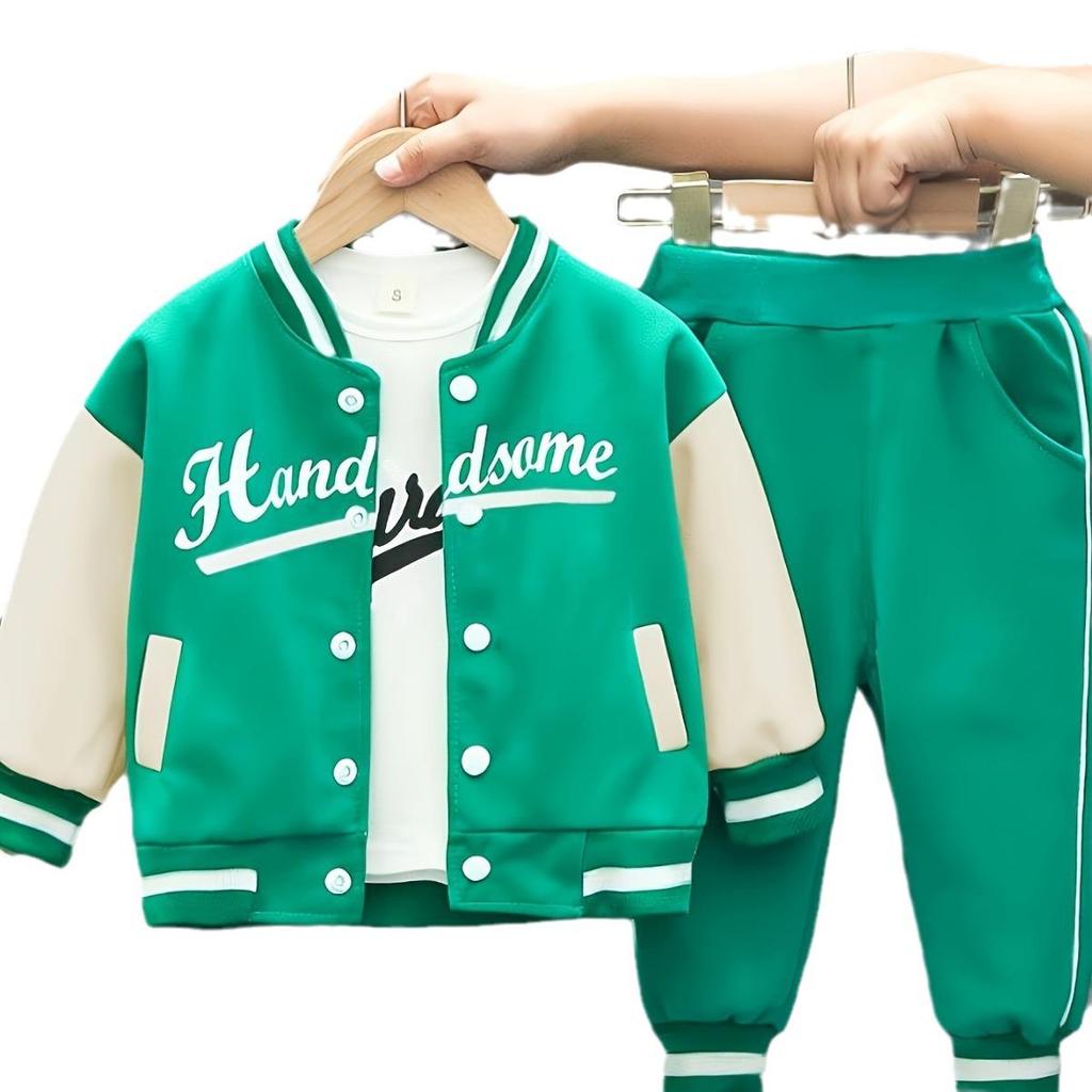 Spring Boys' New Baseball Uniform Long Sleeve Three-Piece Set - English Letter Design, Zipper, Casual for Infant & Toddler