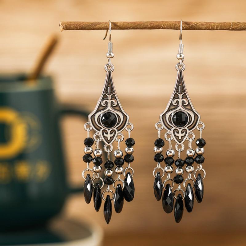 Vintage Elegant Crystal Water Drop Dangle Earrings for Women Ethnic Temperament Long Geometric Handmade Earring Female Jewelry