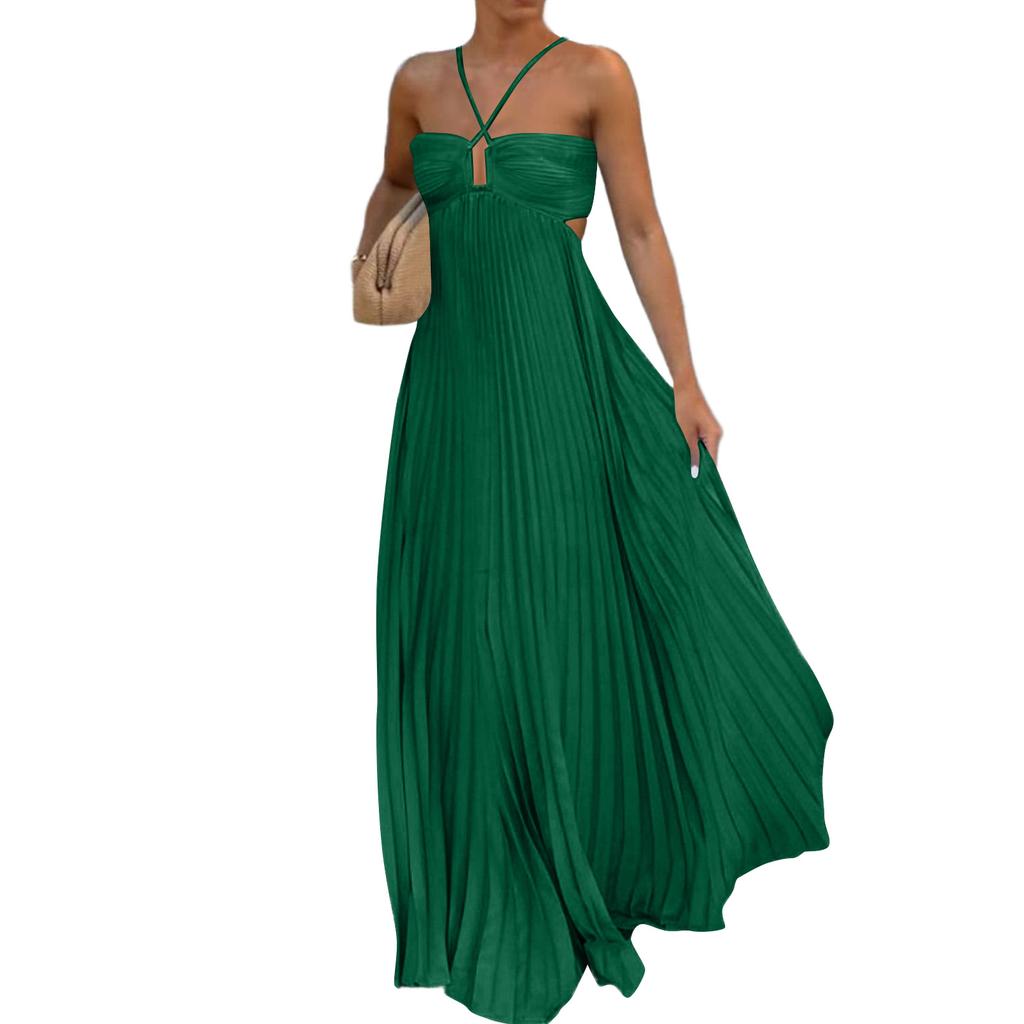 Women’s Pleated Maxi Dress with Spaghetti Straps Square Neck Backless Design Lightweight Flowing Fabric for Summer