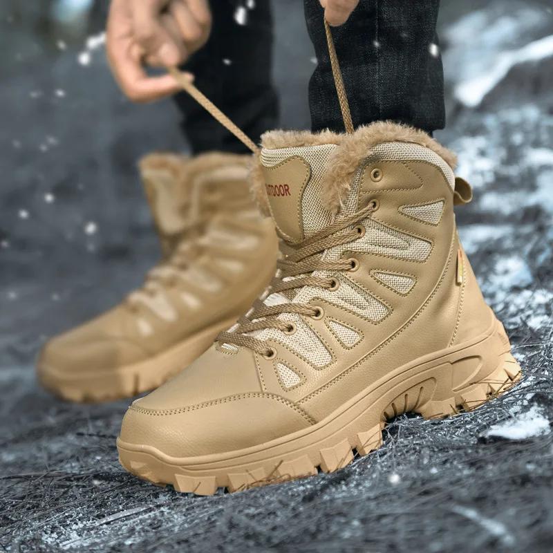 Outdoor Men's Fleece Lined Waterproof Cotton Snow Boots Winter Cotton Mountain Climbing Shoes Round Toe Mid Heel Boots Zapatos
