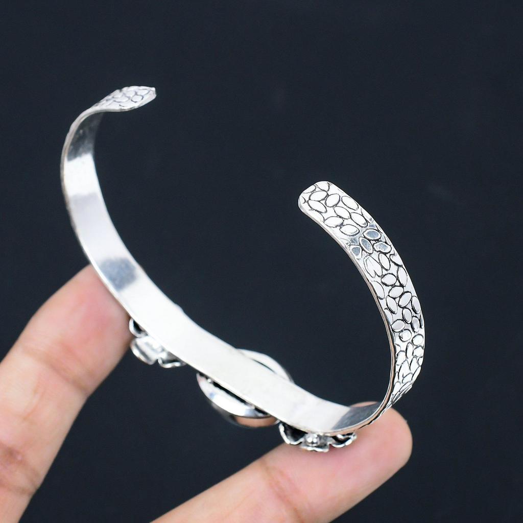 925 Sterling Silver Oval Larimar Stone Flower Throat Chakra New Bangle Bracelet