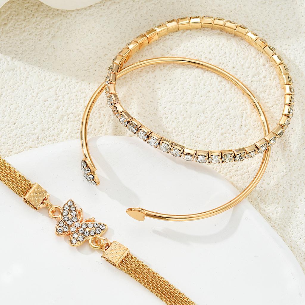 3Pcs/Set Luxury Rhinestone Butterfly Heart Bracelet For Women Vintage Exquisite Gold Color Cuff Bangle Female Daily Wear Jewelry