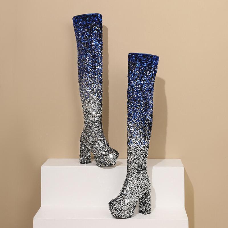 Europäische und amerikanische sexy Paillettenstoffe mit Farbverlauf, High Heels, Seitliche Reißverschlüsse, Knielange Mode-Stiefel, Damenstiefel mit dicker Sohle