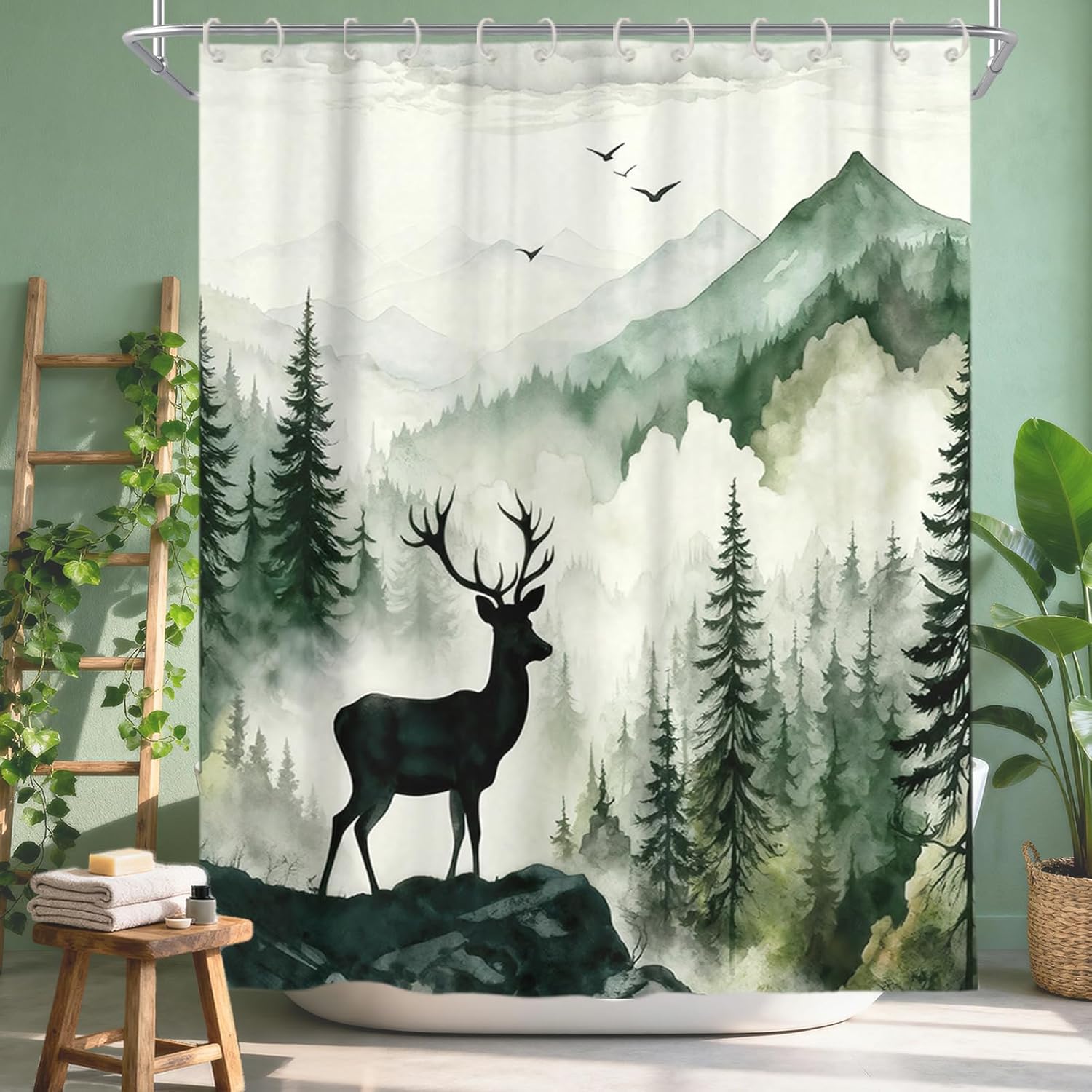 Misty Forest Deer Shower Curtain, Nature Mountain Landscape Modern Bathroom Decor, Waterproof Fabric Woodland Animal Shower 90x180CM
