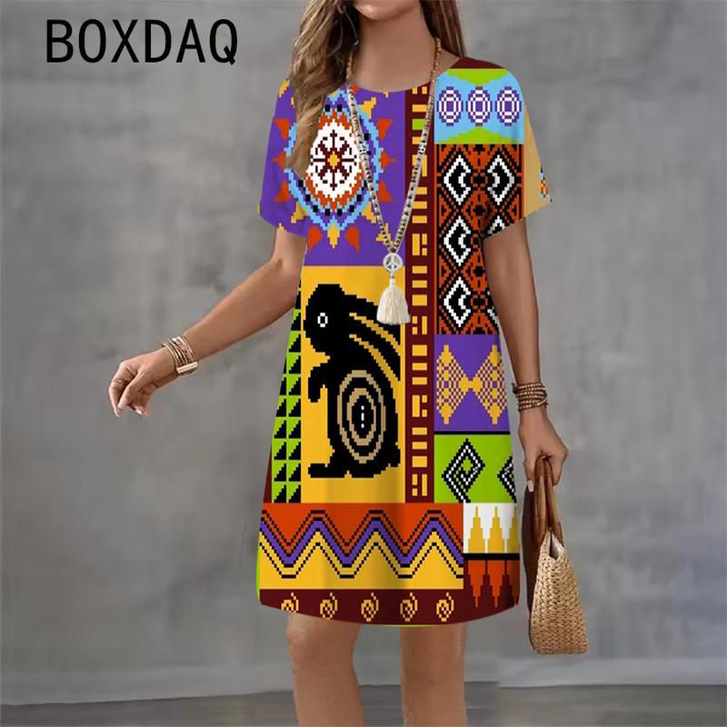 3D India Style Printed Dress Round Neck Short Sleeve Casual Mini Skirt for Women Summer 2026 New Beach Party Dress Vestidos