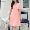 ZANZEA Women Casual V-Neck Solid Color Short Sleeve Summer Dress