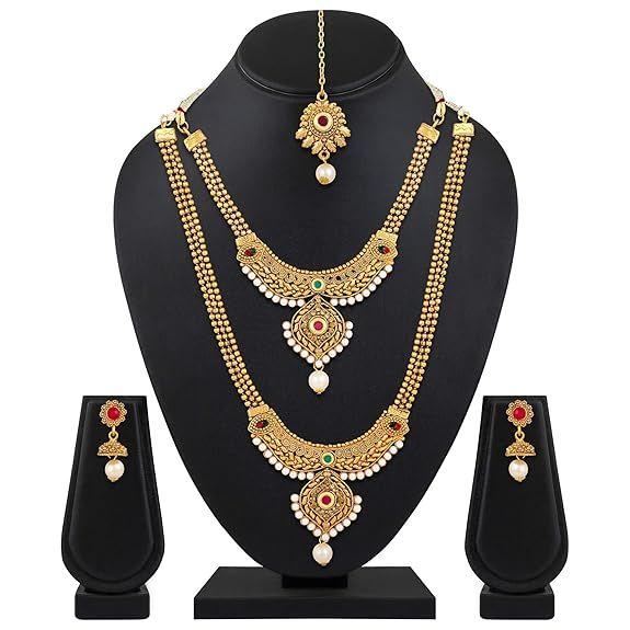 18k Gold Plated Long Short Necklace Combo Stylish Traditional Pearl Jewellery Set for Women