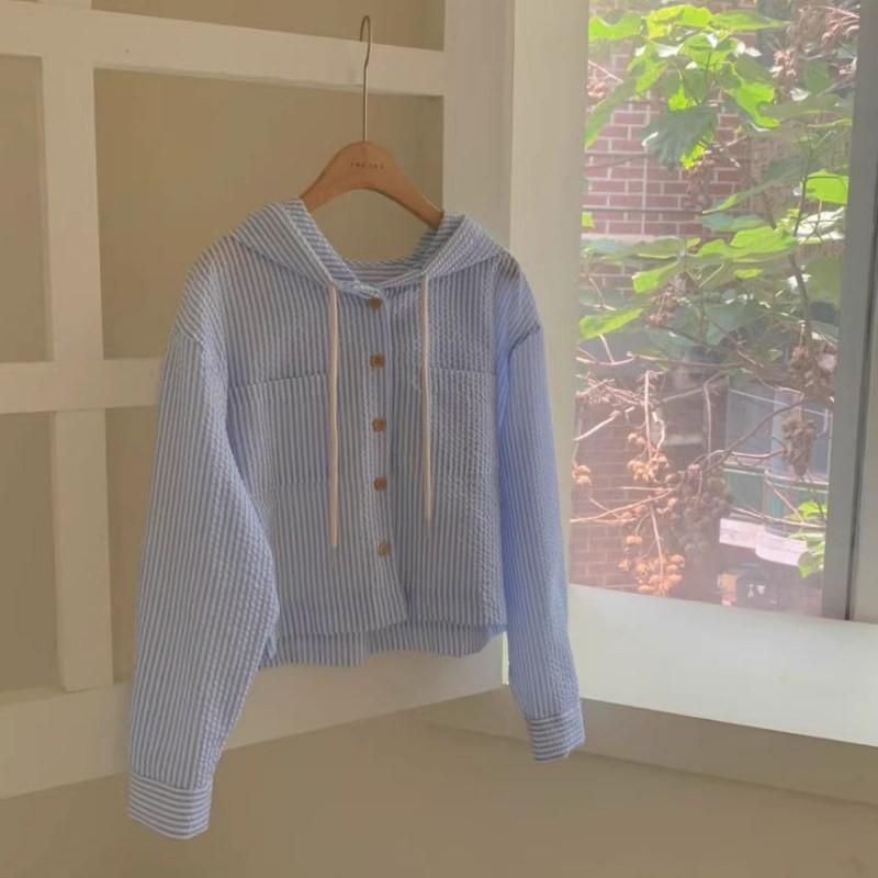 Women's Hooded Shirt Single Breasted Striped Sun Protection Cardigan Top