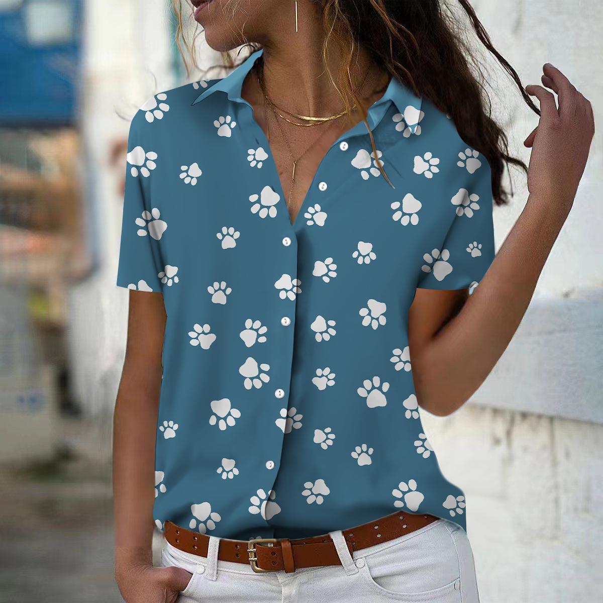 

2025 Summer New Fashion Women s Dog Claw Printed Short Sleeve V-neck Casual Button-down Shirt Top XS синій