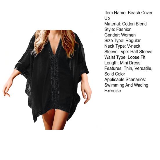 Beach Cover Up V-Neck Half Sleeve Splicing Design Bikini Swimsuit Cover Up Solid Color Beachwear Summer Accessories