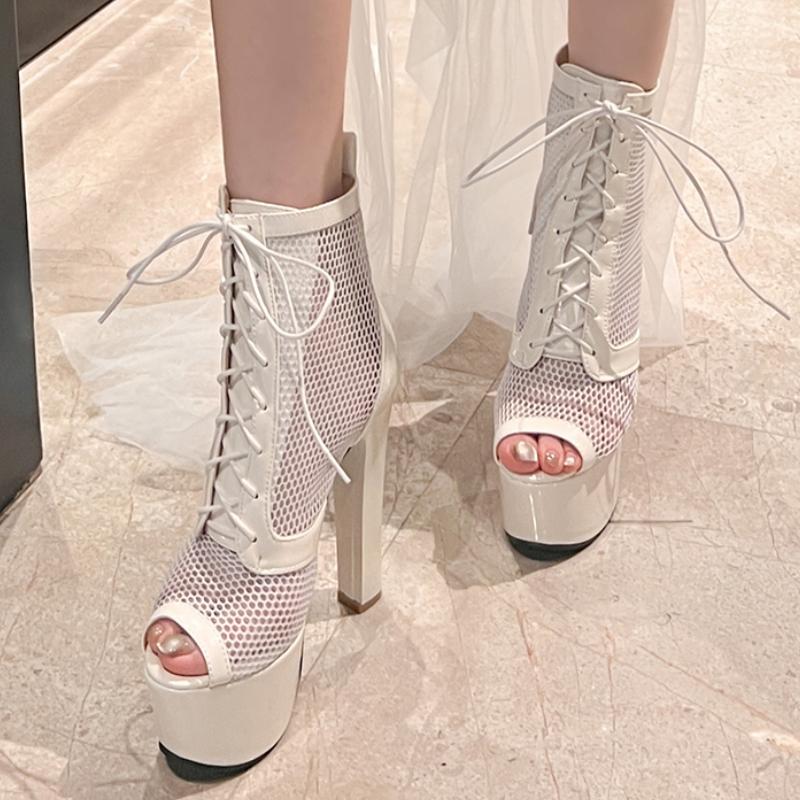 Sexy Platform Ankle Boots for Women Lace Black Red Short Dance Boot High Heel Party Dance Shoes Lady Big Size 45 2025 Summer