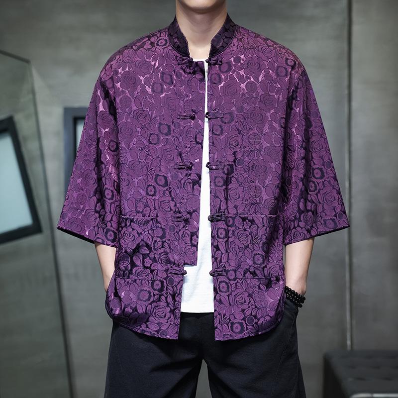 Chinese style ice silk seven-quarter-sleeved shirt men's Tang suit buckle Hanfu large size printed short-sleeved shirt ethnic style