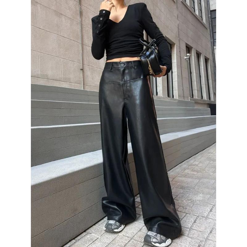 Schwarze High-Waist-Hose mit weitem Bein aus Kunstleder, lockere Passform, lässige Damenmode, stilvolle Alltags-Hose