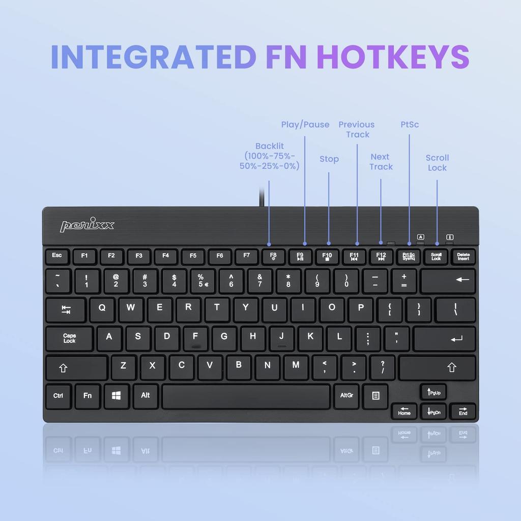 Perixx Hintergrundbeleuchtete Membran Platzsparend PERIBOARD-326US Tastatur, Kabelgebunden, Kompakt, USB, Klein, Tenkeyless, Tasten, [Offizielle Garantie] (Englisches Layout,
