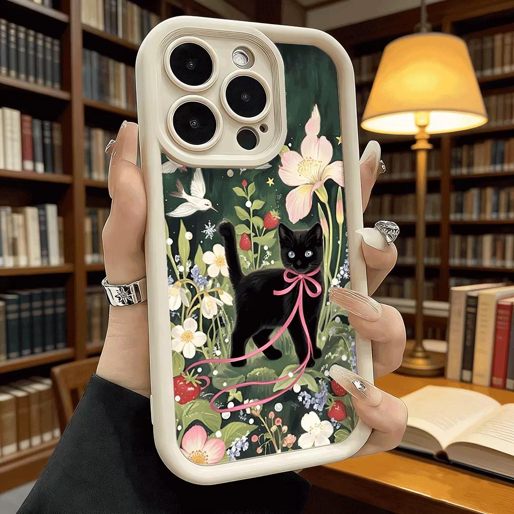 Black Cat in Flower Garden Soft TPU Phone Case For Samsung Galaxy S23 S24 S25 S26 Ultra S22 S21 S20 Plus FE A35 A55 A56 Cover
