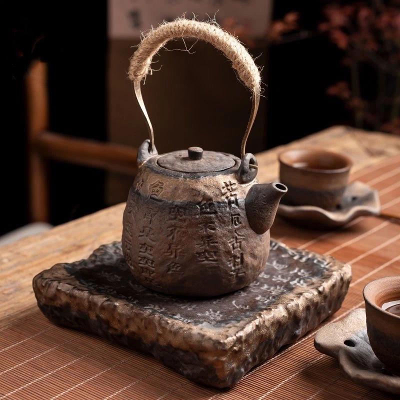 Handmade Gilded Top-Handle Teapot – Vintage Style Pottery Teapot for Home Use