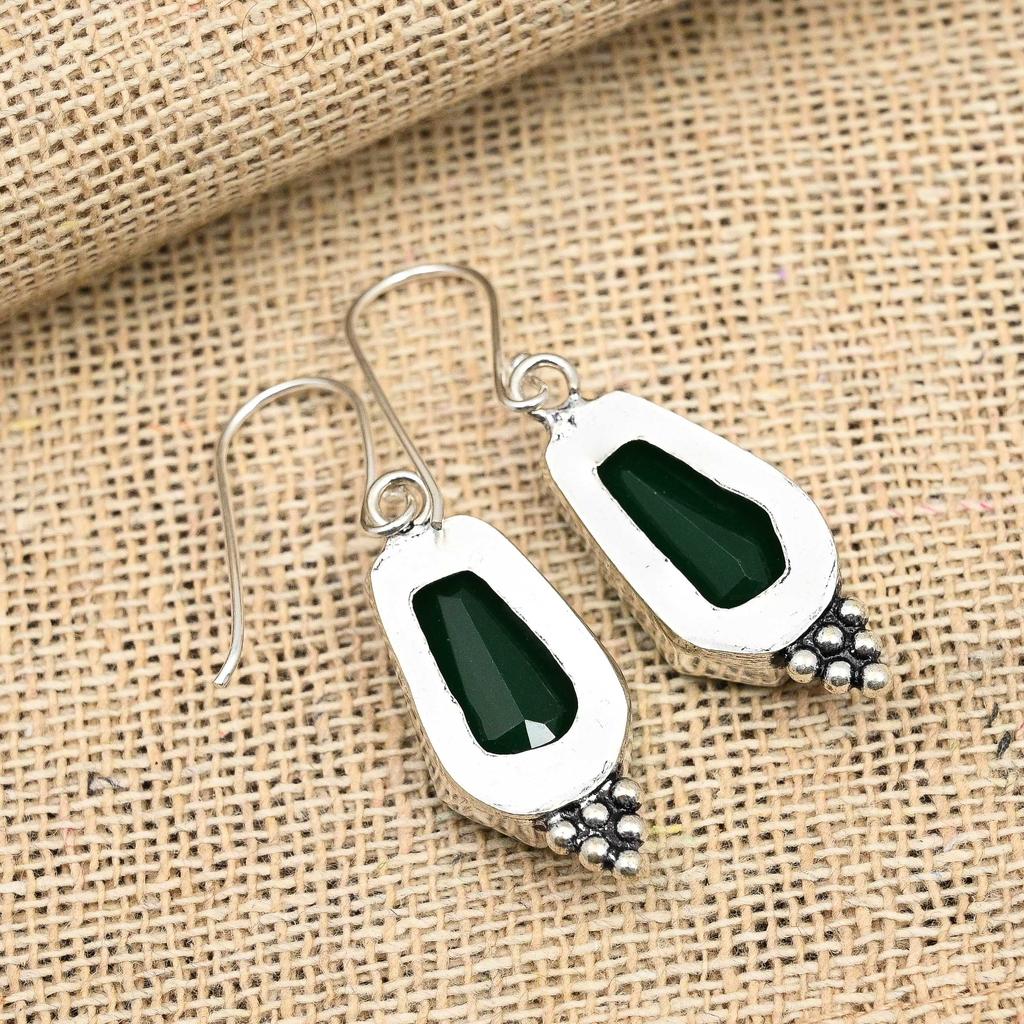 Faceted Green Onyx Gemstone Handmade 925 Sterling Silver Wedding Jewelry Earring