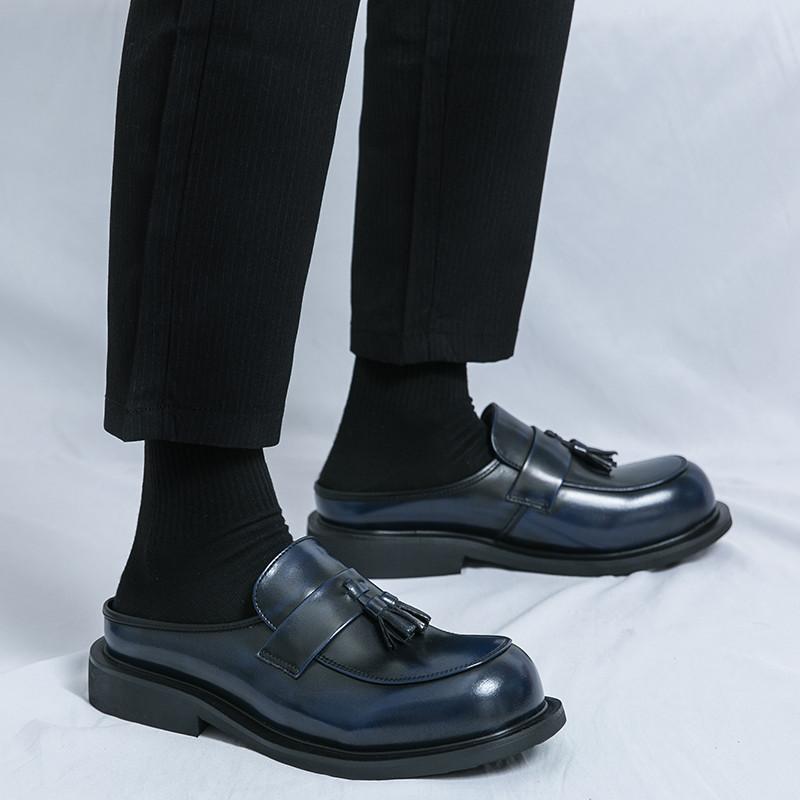 Fashion New Men's Black Blue Tassels Half Slippers Driving Shoes Male Casual Mules Moccasins Breathable Loafers Zapatos Hombre