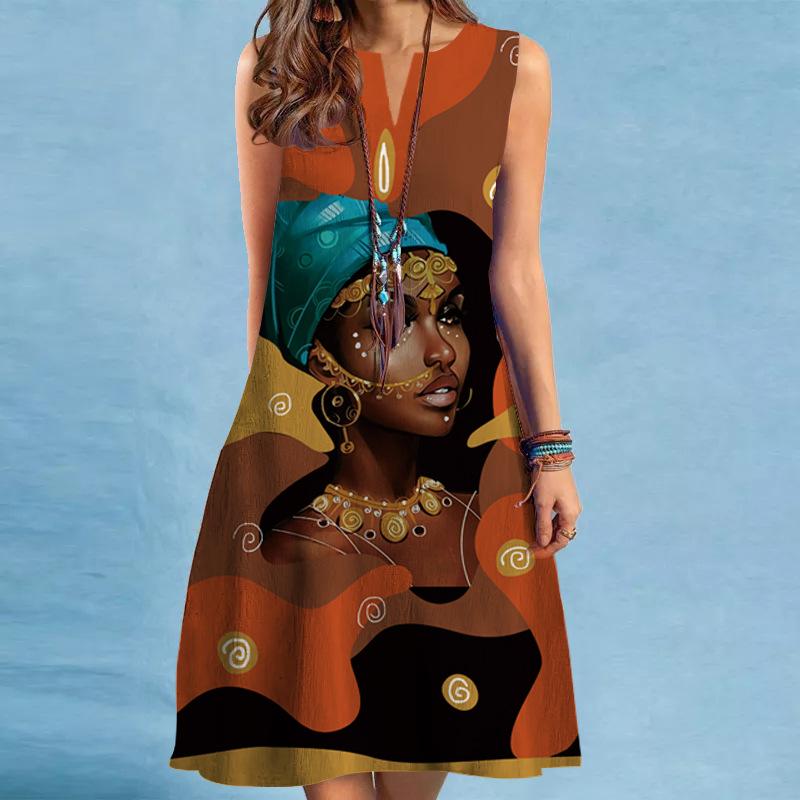 Spring and Summer Printed V-neck Loose Casual Sleeveless Dress Female Beach Vacation Casual Dresses