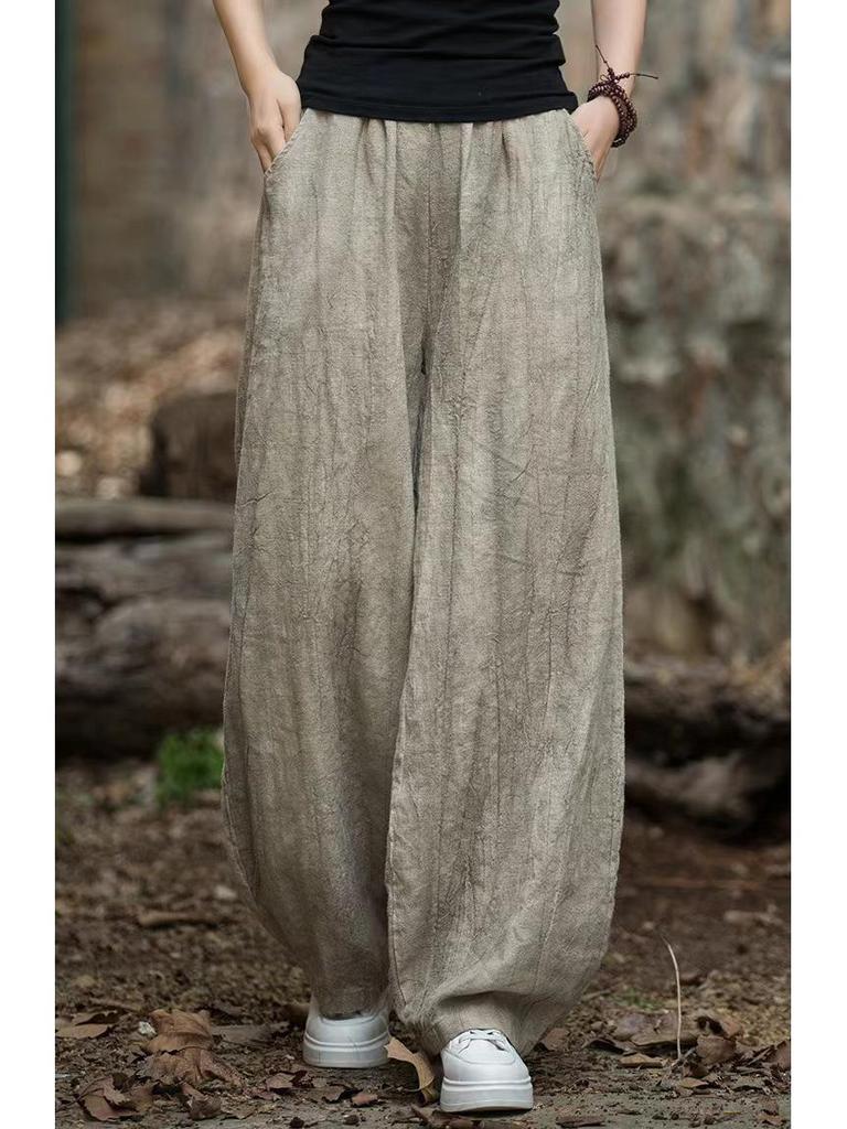Women's 2025 Distressed Cotton Linen Lantern Pants - Casual, Versatile, Literary Style for Travel