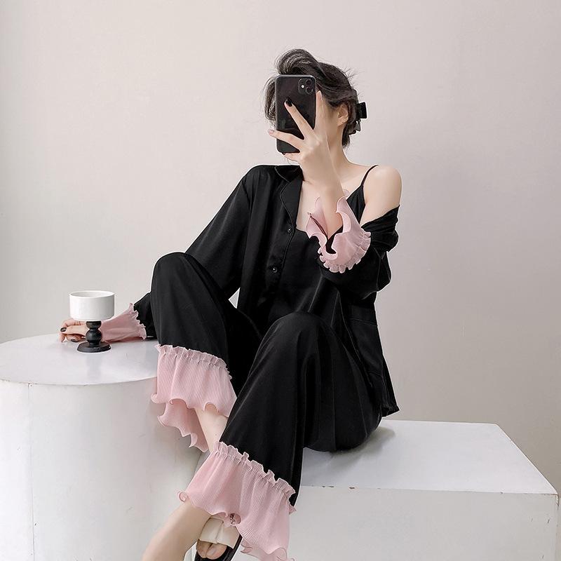 1011 New Sweet Wind Ice Silk Women's Pajamas Ruffle Edge High-end Ice and Snow Silk Long-sleeved Loungewear Set