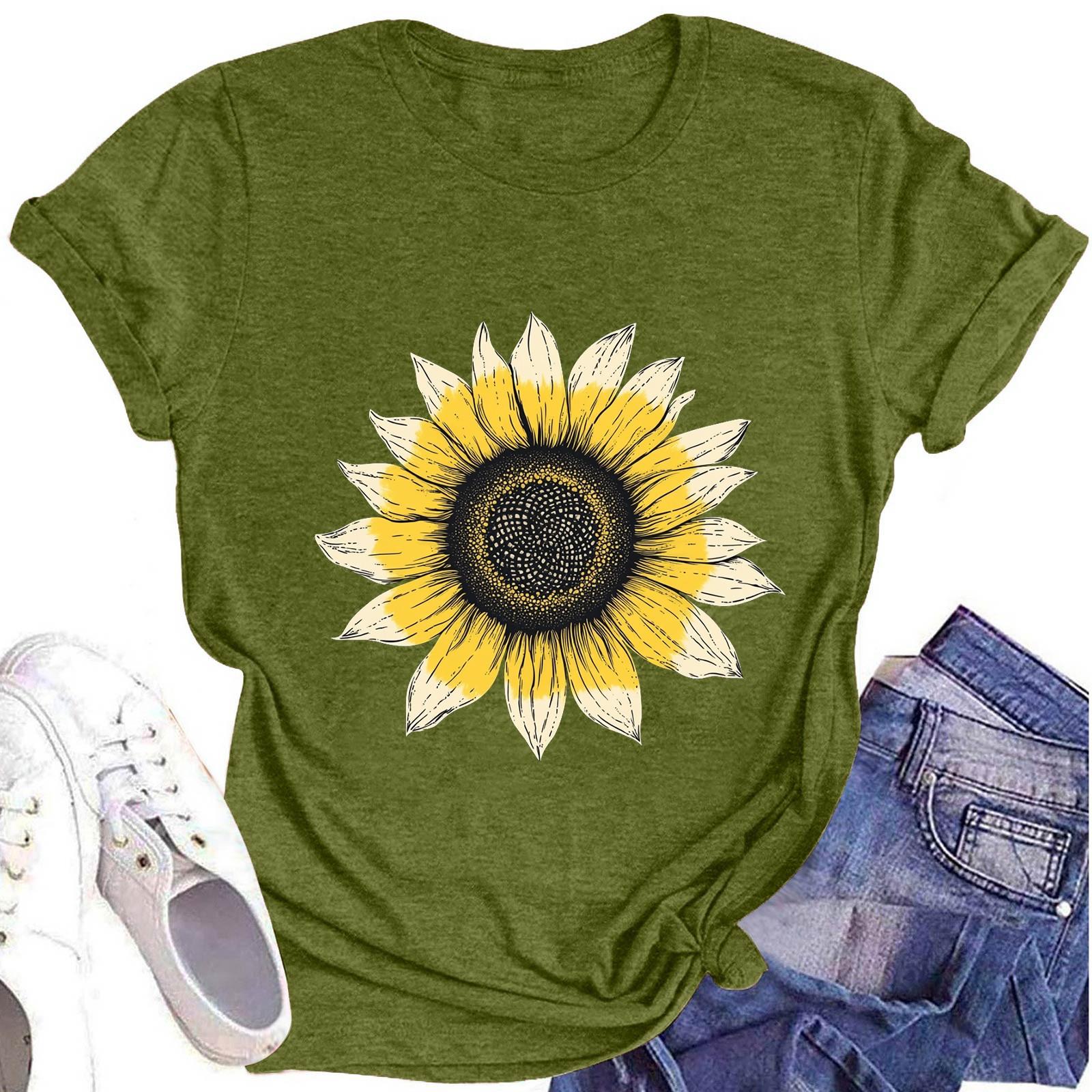 

Женская модная футболка с круглым вырезом и коротким рукавом, повседневный топ с принтом подсолнуха L армия зеленый