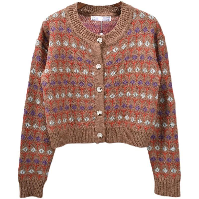 Autumn Crew Neck New Arrival Jacquard Retro Women's Single-Breasted Knitting Sweater Cardigan Coat Women's Short Loose