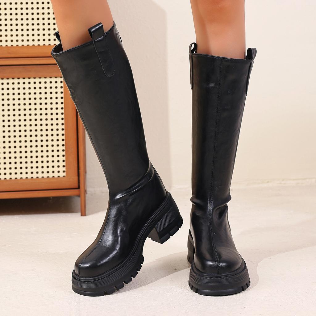 Comemore New Autumn Winter Long Boots for Women Fashion Thick Bottom Round Toe Leather Knight Botas Thick High Heels Women Shoes